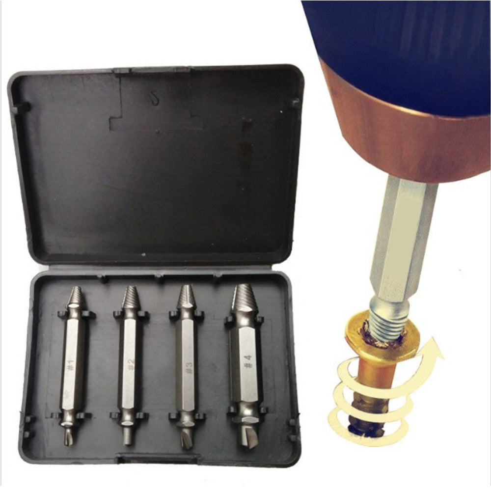 Double Side Drill Bits Damaged Bolt Removal Kit For Metal Damaged Screw Extractor Tool Kit Drill Guide 4pc #1 #2 #3 #4 With Case