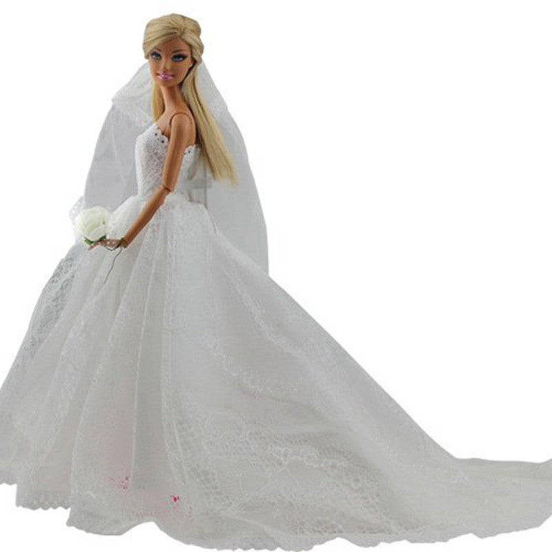 Elegant White Princess Evening Party Clothes Wears Long Dress Outfit Set for Barbie Doll with Veil Hot Selling
