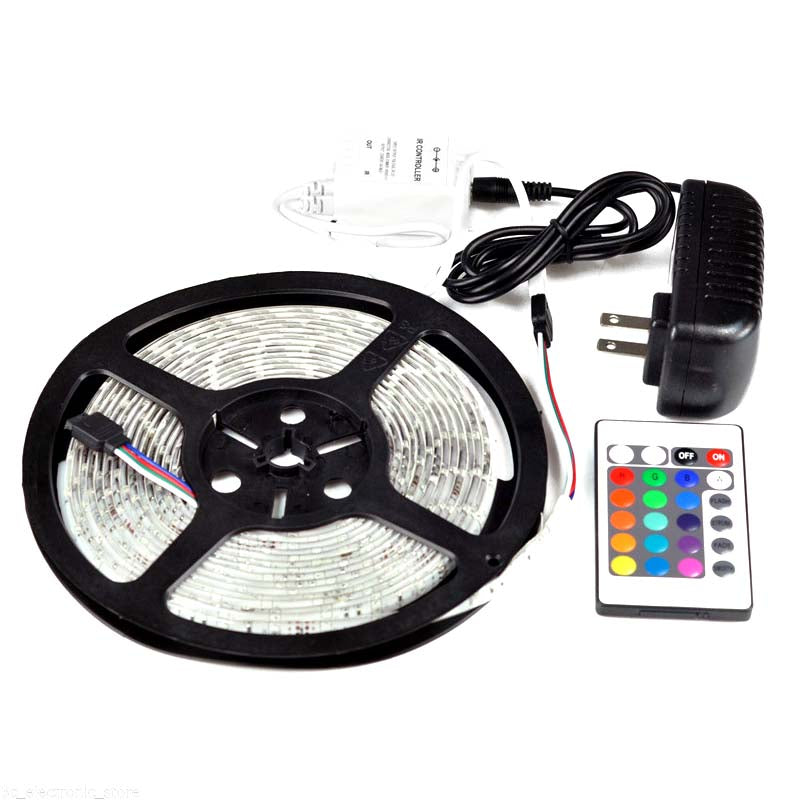 3528 RGB 5M 300 LED Waterproof Led Strip Flexible Light 60led/m SMD DC 12V+ 2A Power Supply + IR Remote Control