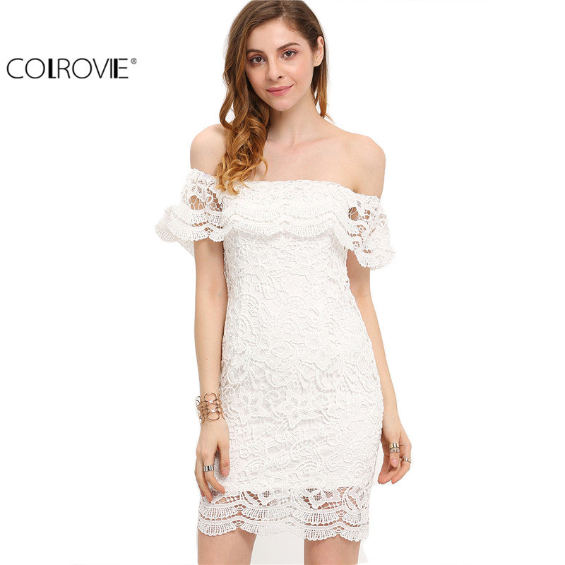 COLROVIE Summer Style Sexy Women Mini Dresses White Off the Shoulder Short Sleeve Strapless Lace Ruffle Bodycon Dress C1202