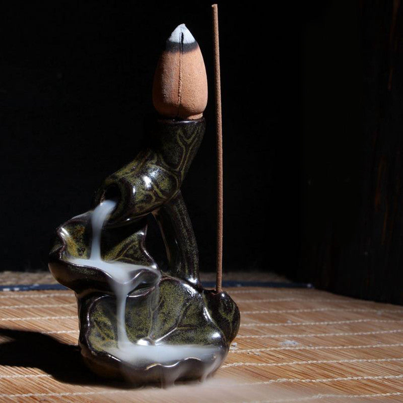 Water Lily Ceramic Glaze Incense Burner Holder Buddhist Cones Backflow Censer Home Decor