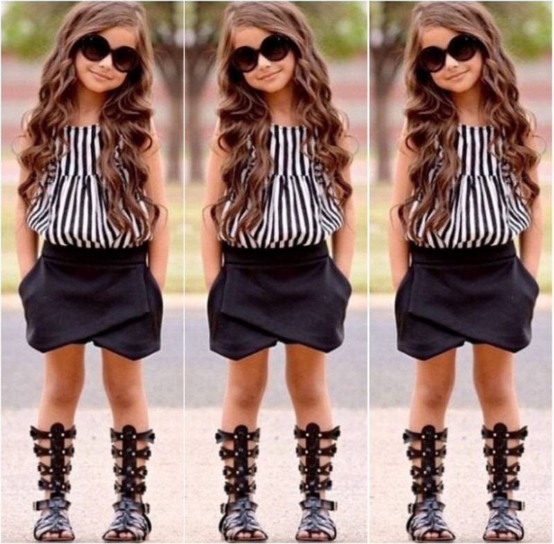 2016 NEW Hot-selling 2pcs Baby Kids Girls Summer Clothes Sleeveless Striped Tops Blouse+Asymmetric Shorts Outfits set 2~7Y
