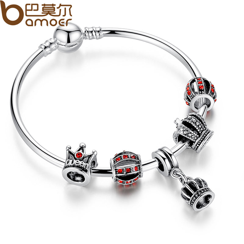 BAMOER Simple Silver Charm Bangle & Bracelet with Royal Crown Pendant & Red Crystal Ball Dropshipping PA3067