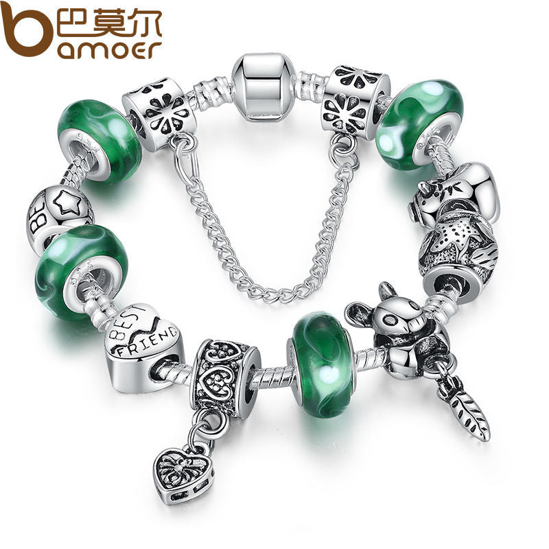 BAMOER Silver Green Bead Animal Best Friend Charm Bracelet with Safety Chain for Women Original Jewelry PA1433