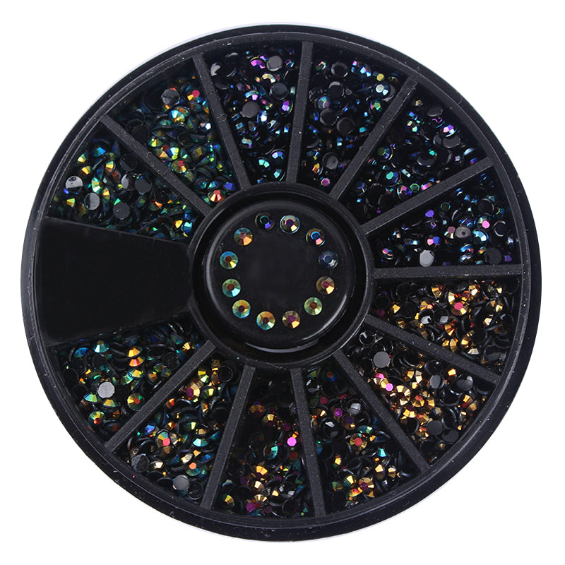 1 Box Black Shiny Nail Rhinestones 3D Nail Art Decorations in Wheel Flat Bottom Manicure DIY Nail Art Accessories