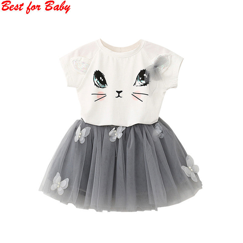 Summer Cute Cat T-Shirts+Net Veil Tutu Skirt Baby Short Sleeve Cartoon Kitten Printed Girls Clothing