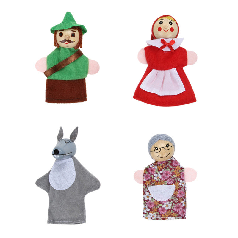 4pcs Finger Puppets Little Red Riding Hood Wooden Headed Cloth Finger Puppets Fairy Tale Story Kids Children Stuffed Toys