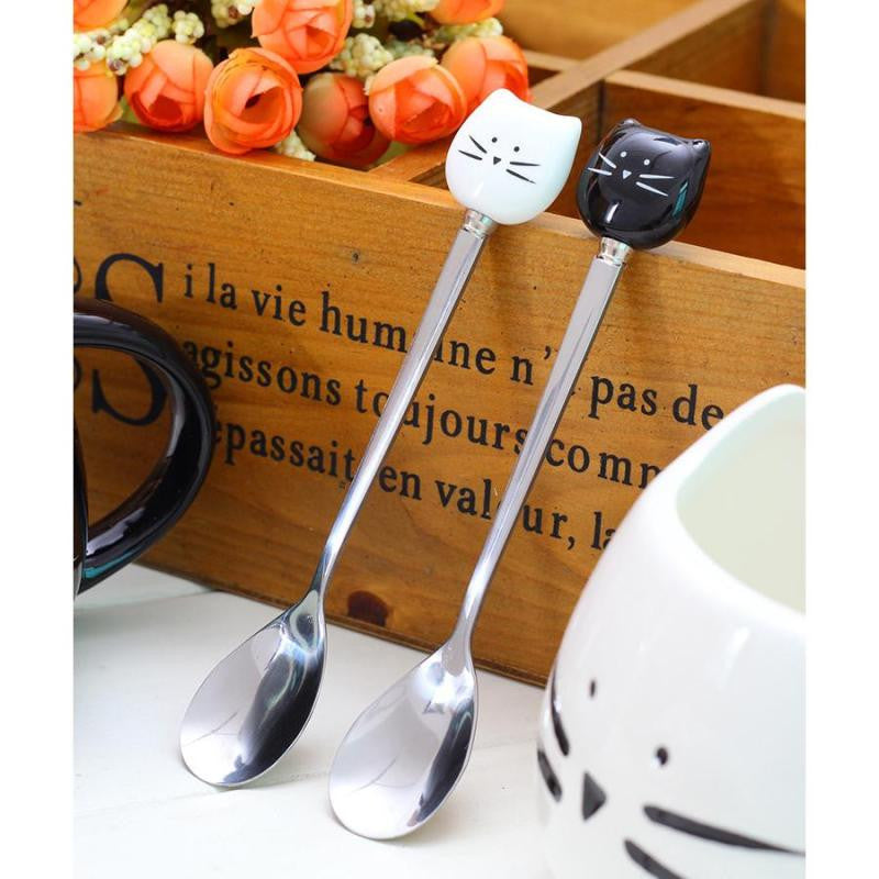 1Pc Stainless Steel Cartoon spoons cat ceramic spoons Unique Ice Cream Flatware Kitchen Tool black white A45