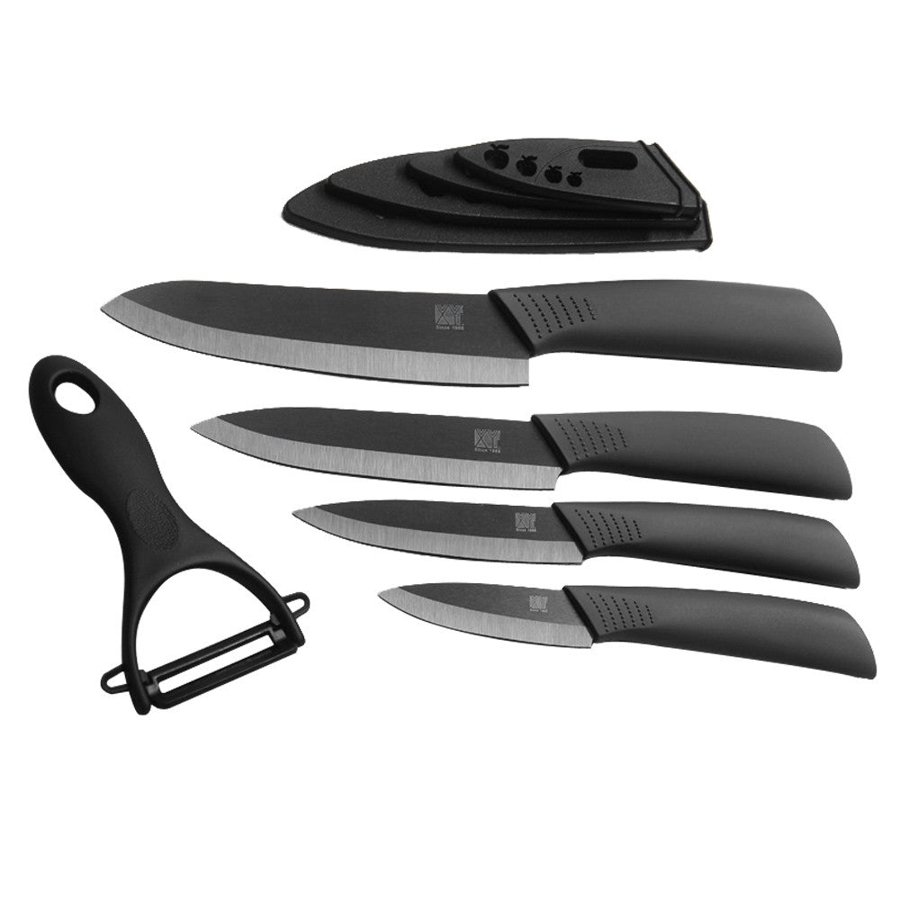New Ceramic Knife Set 3, 4, 5, 6 Inch Paring Utility Slicing Chef Kitchen Knife One Black Blade Peeler Accessories Black Handle