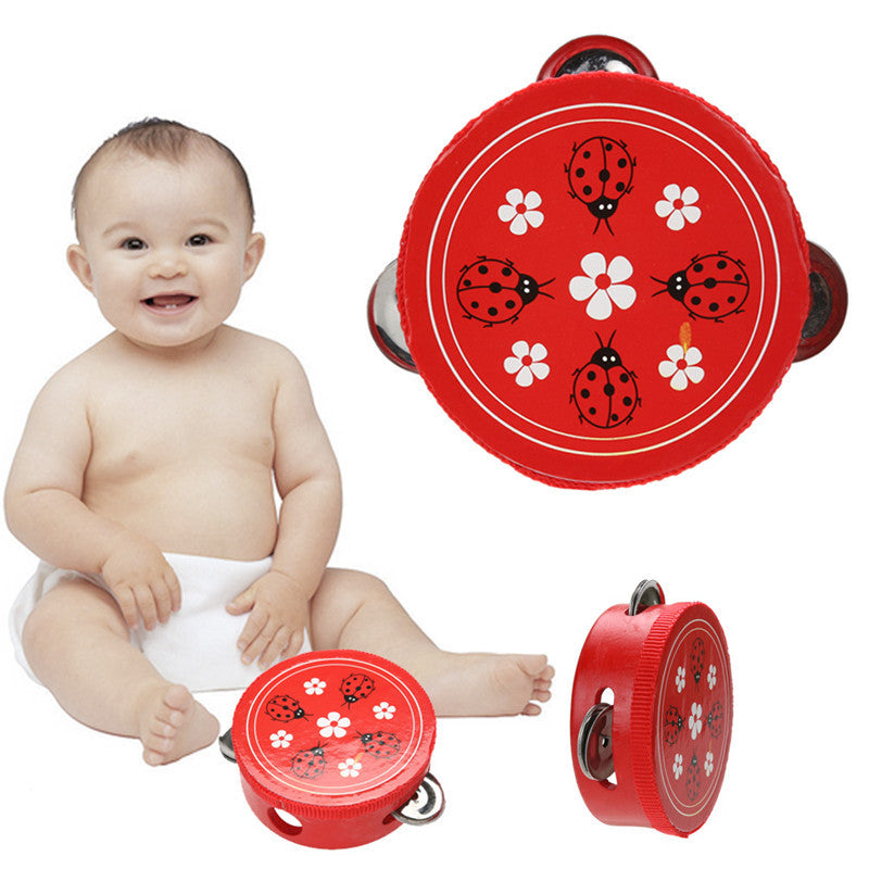 Educational Cartoon Wooden Baby Hand Drum Toys Musical Tambourine Beat Instrument Handbell Good Gift