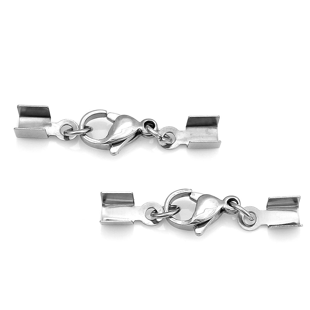 DoreenBeads Stainless Steel Cord End Crimp Caps For Jewelry Necklace Bracelet Rectangle Silver Tone With Lobster Clasp,10 PCs