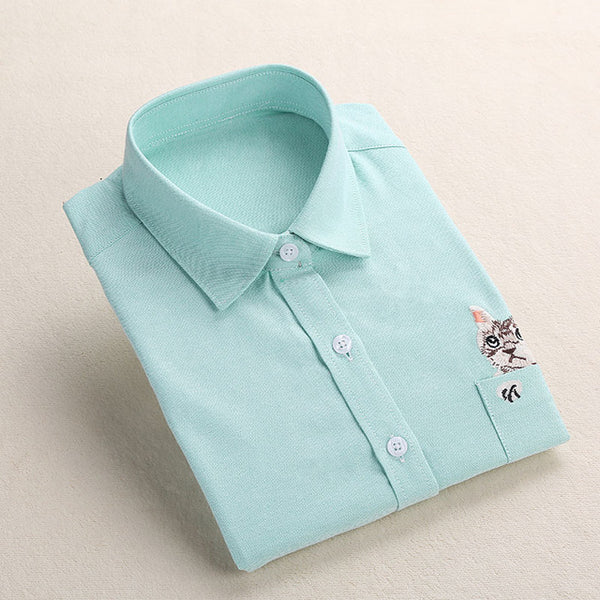 Dioufond Women Spring Shirt Turn-Down Collar Ladies Blouses Long-Sleeve Shirt Female Office Tops Pocket With Cat Embroidery