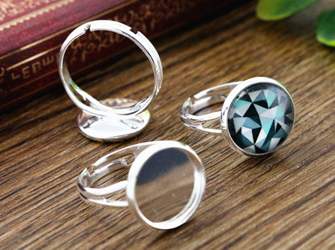 12mm 10pcs Silver Plated Brass Adjustable Ring Settings Blank/Base,Fit 12mm Glass Cabochons,Buttons;Ring Bezels -J2-04