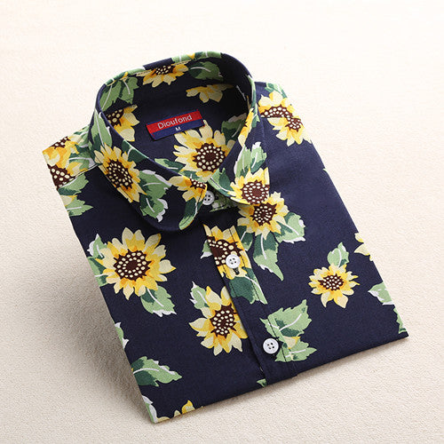 Autumn Floral Women Shirts with Long Sleeves Cotton Blouses Shirt Turn Down Collar Female Bodycon Shirts Women Feminine Shirt