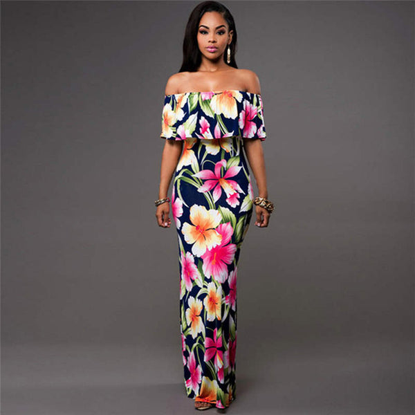 Women Boho Maxi Dress 2017 New Spring Summer Style Off Shoulder Ruffled Print Long Dresses Feminine Floor Length Gown