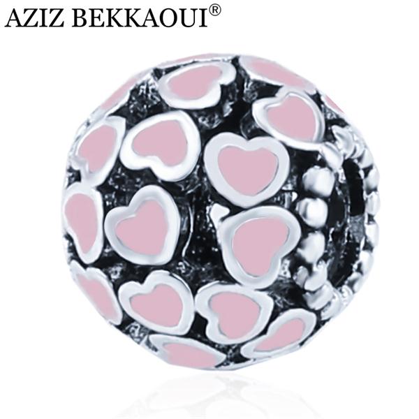 Lovely Pink Beads Fit Original Pandora Bracelet Necklace Big Hole Diy Charms For Women Enamel Heart Shape Pendant For Girl Gift
