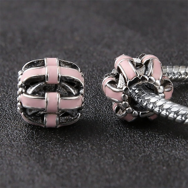 Lovely Pink Beads Fit Original Pandora Bracelet Necklace Big Hole Diy Charms For Women Enamel Heart Shape Pendant For Girl Gift