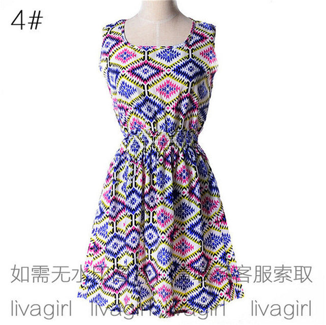 Summer Style Women Dress Casual Mini O-Neck Sleeveless Short A Line Dress Printed Party Evening 2017 big Size Elegant Dress