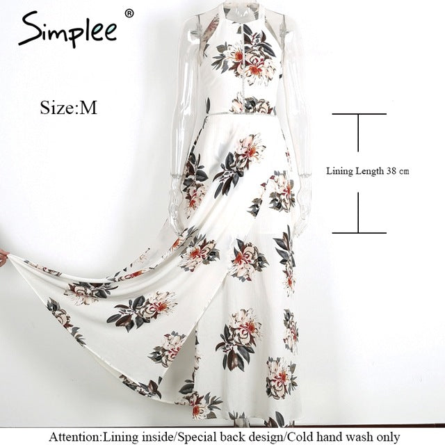 Simplee Floral print halter chiffon long dress Women white split beach summer dress Sexy backless maxi dresses vestidos 2017 new