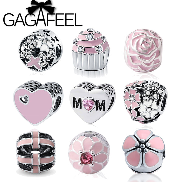 GAGAFEEL Big Hole Lovely Pink Beads Fit Pandora Bracelet Necklace DIY Charms For Women Enamel Heart Shape Pendant For Girl Gift