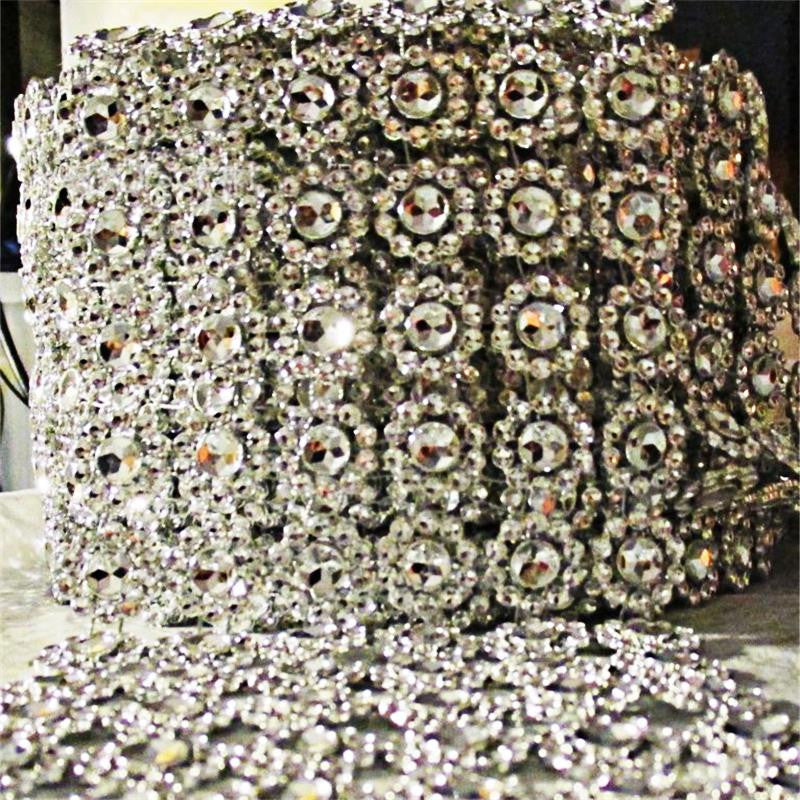 Silver 1Yards 6rows Daisy Flower Diamond Mesh Bling Crystal Ribbon Wrap Trim Wedding Cake Candle Holder Decoration Casamento