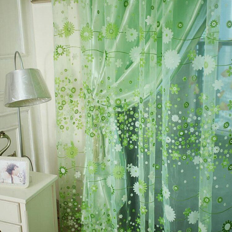 For romantic rustic curtain yarn customize finished products balcony green pink tulle fabrics floral design sheer panel