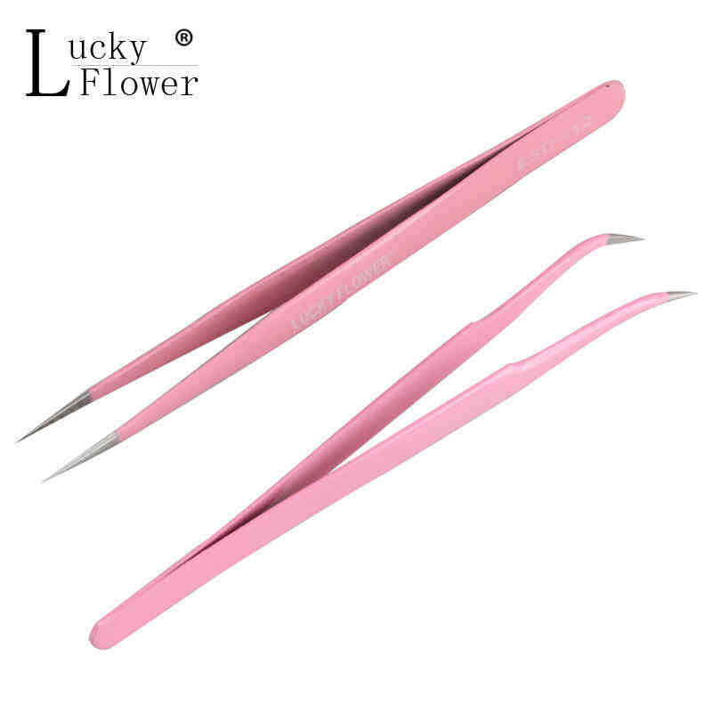 Lucky Flower Pink stainless steel Mink eyelash extension Straight Or bend Optional tweezers professional Eye Lashes Tweezers