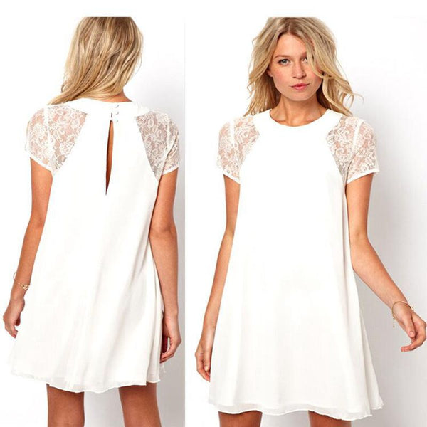 Spring Summer 2017 Women Dress Black White Navy Blue Round Neck Short Sleeve Patchwork Chiffon Lace Casual Party Dresses Women