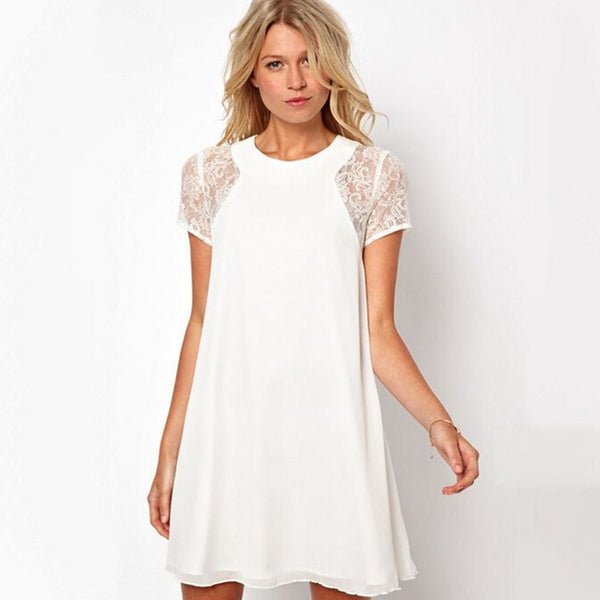 Spring Summer 2017 Women Dress Black White Navy Blue Round Neck Short Sleeve Patchwork Chiffon Lace Casual Party Dresses Women