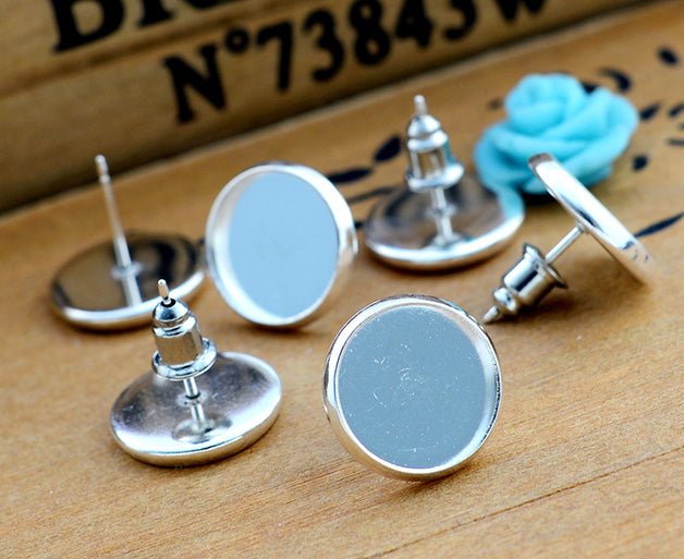 12mm 20pcs Silver Plated Earring Studs,Earrings Blank/Base,Fit 12mm Glass Cabochons,earring setting;Earring Bezels (L4-01)