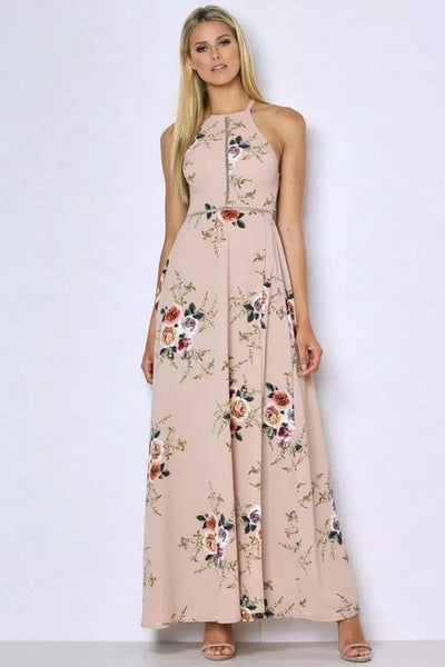 Summer Women Beach Long Dress Sleeveless Halter Floral Print Retro Backless Bohemian Maxi Dresses