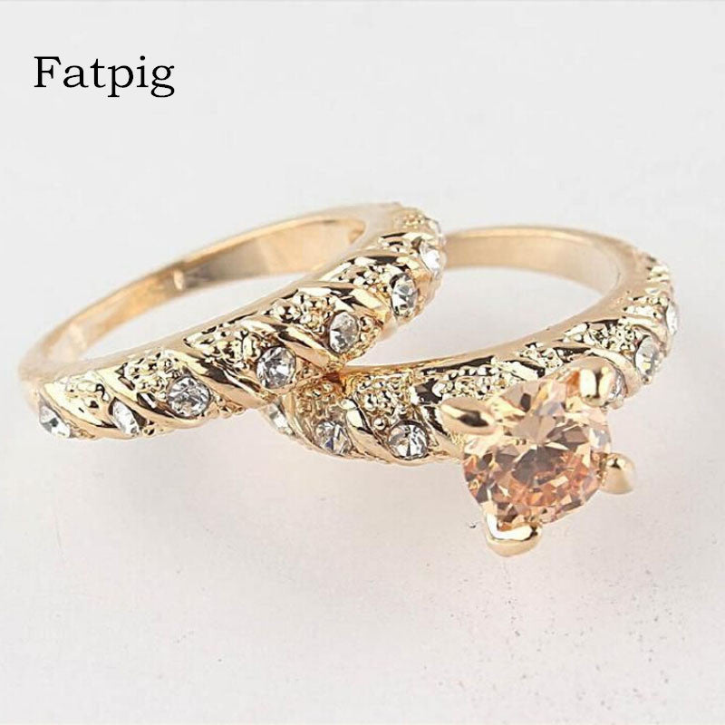 Fatpig Fashion women rings 2Pcs/Set Gold Filled Round Cut Wedding Engagement Solid Ring Set Size 7 8 9