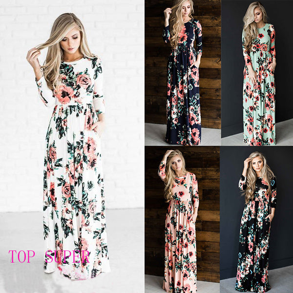 Summer Women Floral Print Wrist Sleeve Empire Waist Boho Dresses Femme Vestidos Ladies Evening Party Long Beach Maxi Dress