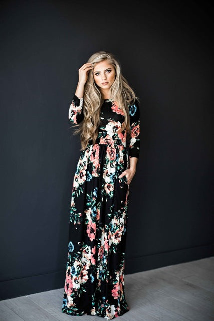 Summer Women Floral Print Wrist Sleeve Empire Waist Boho Dresses Femme Vestidos Ladies Evening Party Long Beach Maxi Dress