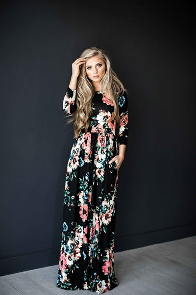 Summer Women Floral Print Wrist Sleeve Empire Waist Boho Dresses Femme Vestidos Ladies Evening Party Long Beach Maxi Dress