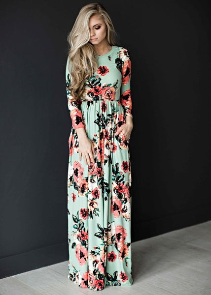 Summer Women Floral Print Wrist Sleeve Empire Waist Boho Dresses Femme Vestidos Ladies Evening Party Long Beach Maxi Dress