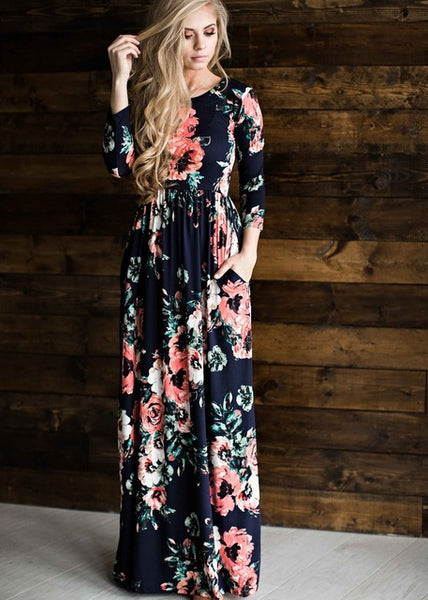 Summer Women Floral Print Wrist Sleeve Empire Waist Boho Dresses Femme Vestidos Ladies Evening Party Long Beach Maxi Dress