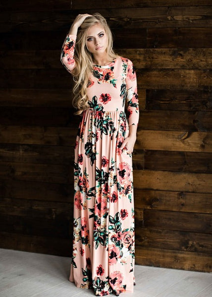 Summer Women Floral Print Wrist Sleeve Empire Waist Boho Dresses Femme Vestidos Ladies Evening Party Long Beach Maxi Dress