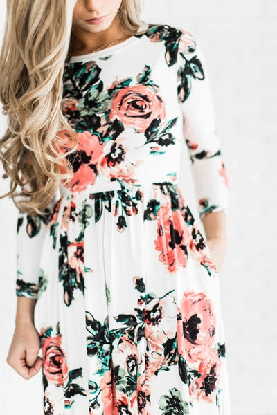 Summer Women Floral Print Wrist Sleeve Empire Waist Boho Dresses Femme Vestidos Ladies Evening Party Long Beach Maxi Dress