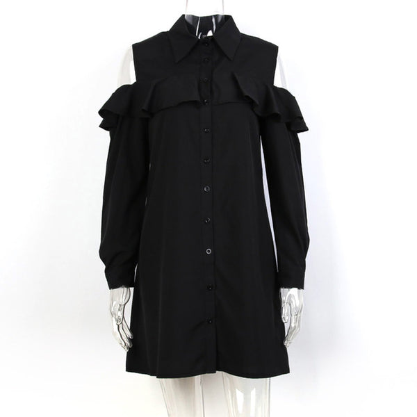 Vlent Sexy Off Shoulder Long Ruffles Sleeve Shirt Dress Women Plus Size Autumn Short Black Dresses 90s Girl Preppy Casual Dress