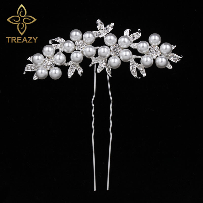 TREAZY Bridal Wedding Crystal Imiated Pearl Flower Hair Pins Elegant Headpiece Bridesmaid Bridal Veil Jewelry Hair Accessories
