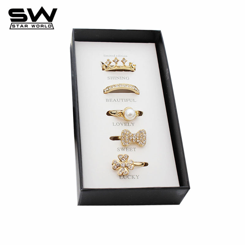 STARWORLD 5 pcs Fashion Rings Set With Free Gift Imitation Pearls Bowknot Crown Ring Finger Ring for Women Jewelry