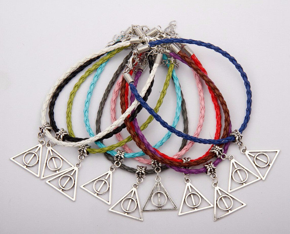 Hot 50pcs/Bag Antique Silver Deathly Hallows Charm Pendant Multi 20+5CM Leather Rope Bracelet Women Jewelry Accessories F729