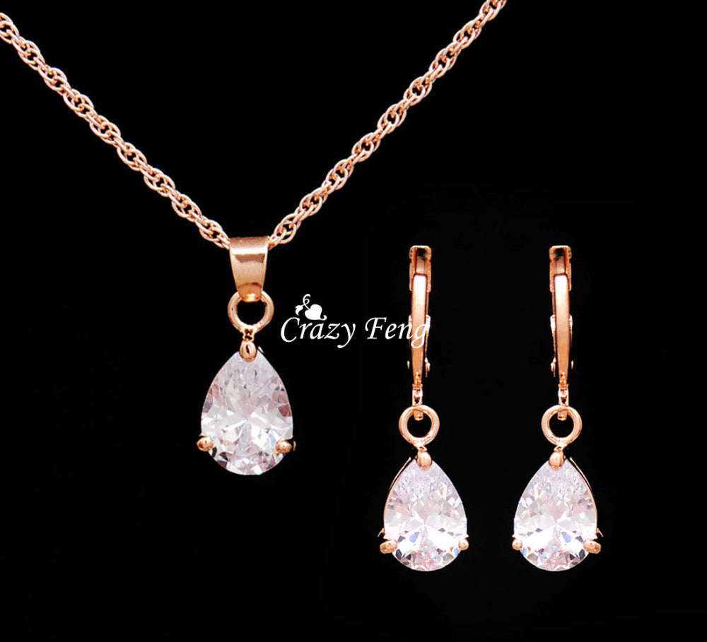 Trendy Free Shipping Wedding Jewelry Sets Necklace Earrings Rose Gold Color Women Heart Pendant Necklace CZ Crystal
