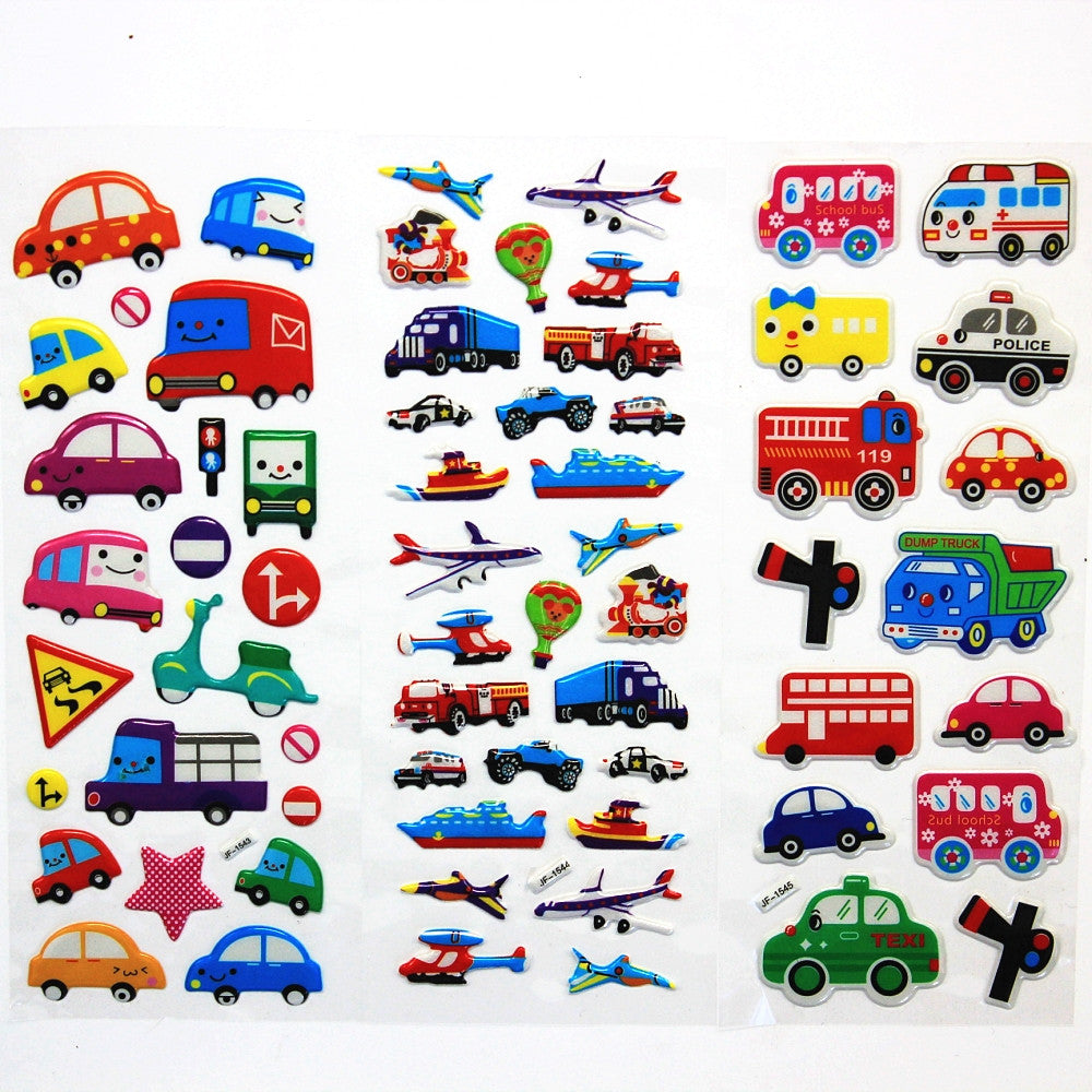 6PCS / lot Mixed Cartoon Bubble Stickers Transport Cars Children Kids Girls&Boys Cartoon Stickers Decoration Christmas Gift