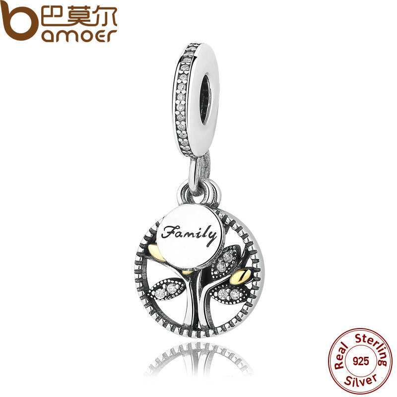 925 Sterling Silver Jewelry FAMILY TREE SILVER DANGLE WITH AND CLEAR ZIRCONIA CHARM Fit Bracelet Jewelry Making PAS306