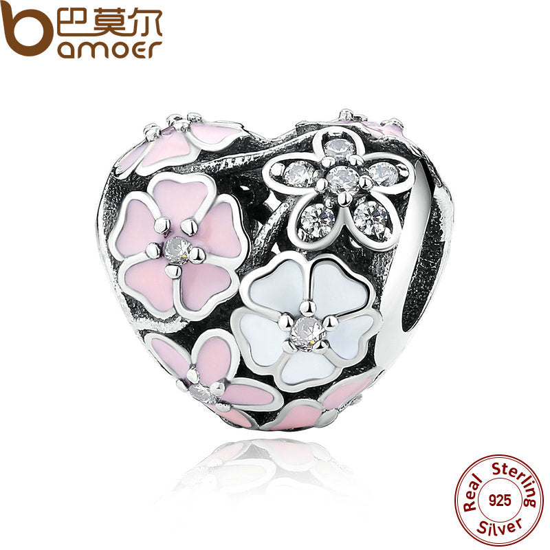 925 Silver Jewelry Poetic Blooms, Mixed Enamels & Clear CZ Heart Charms Fit Bracelet Accessories for Women PAS283