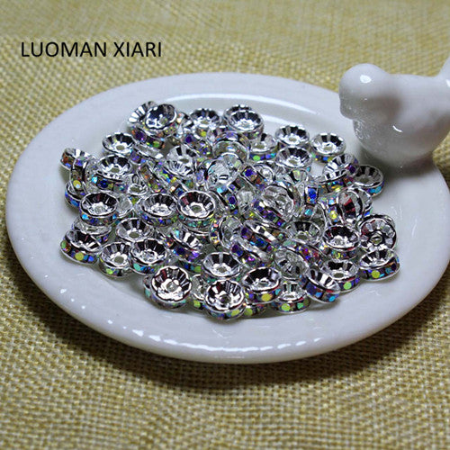 Wholesale 100 Pcs AAA+ 6 /8 mm Copper Wheels Spacers Beads Golden Silver AB Plated Rhinestone Beads For Jewelry Making DIY