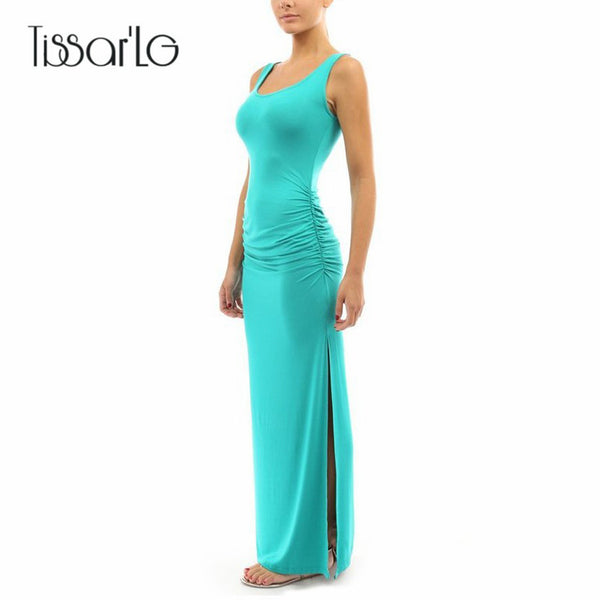 TissarLG Women Summer Long Classic Dress O-neck Slim pleated Casual sleeveless tank dress Solid Colors Package hip slit dress