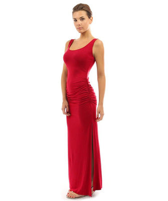 TissarLG Women Summer Long Classic Dress O-neck Slim pleated Casual sleeveless tank dress Solid Colors Package hip slit dress